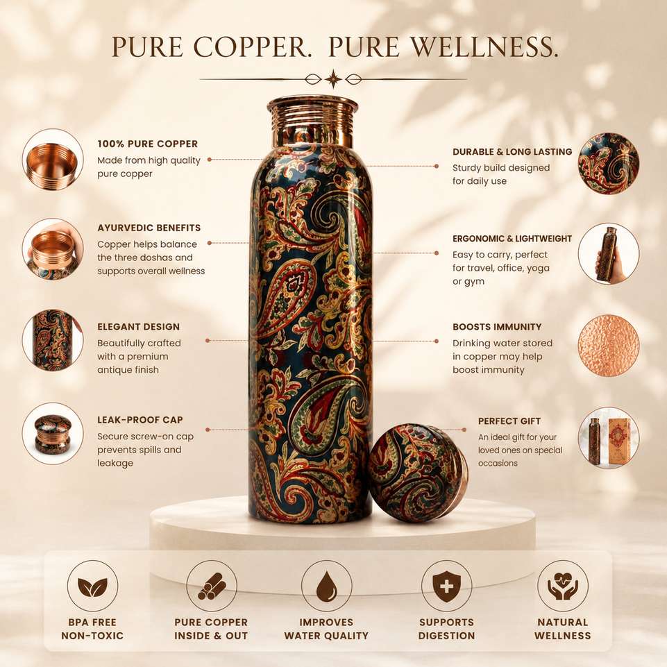 Shopsy copper+ Mangalam Green Printed Copper Water Bottle 950 ml - Image 6