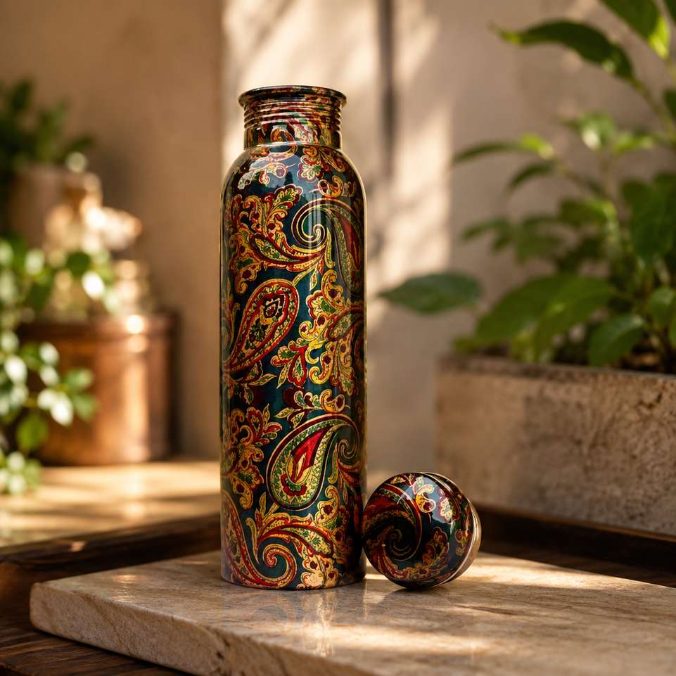 Shopsy copper+ Mangalam Green Printed Copper Water Bottle 950 ml - Image 2