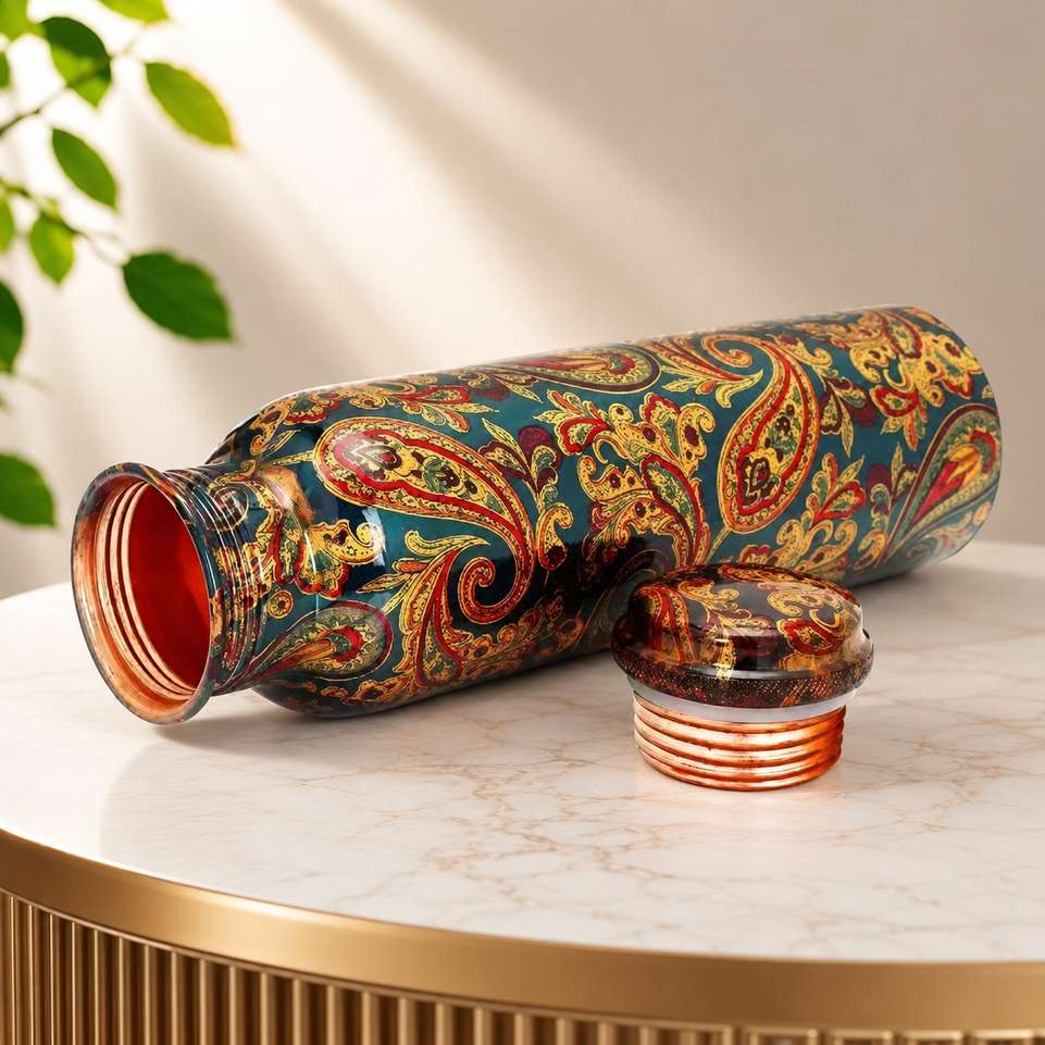 Shopsy copper+ Mangalam Green Printed Copper Water Bottle 950 ml - Image 3