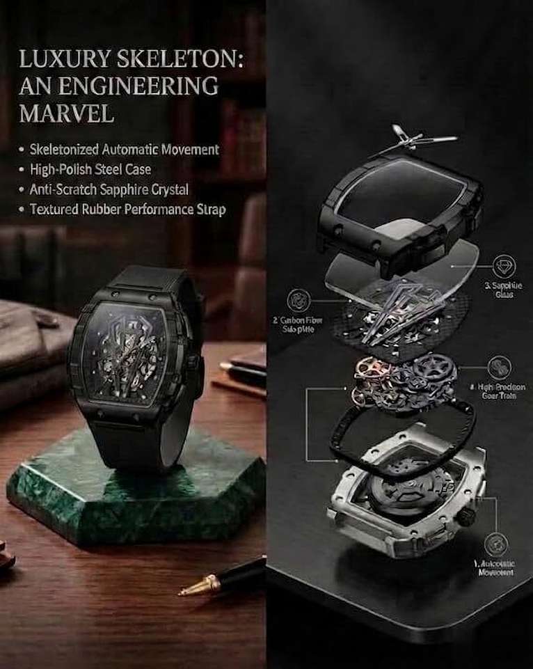 Shopsy Fanish Men's Square Analog Watch with Skeleton Dial - Image 3