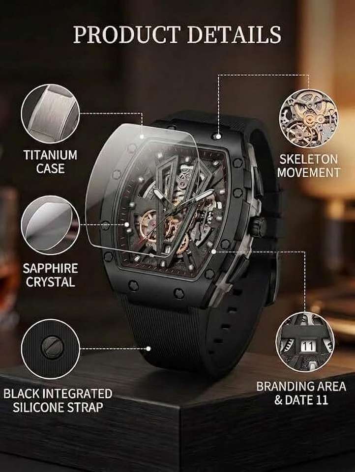 Shopsy Fanish Men's Square Analog Watch with Skeleton Dial - Image 6