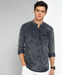 KUONS AVENUE Solid Cotton Blend Straight Kurta for Men (Blue) - Image 1