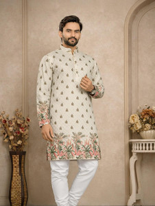 seawind Printed Cotton Rayon Straight Kurta for Men (Beige) - Image 1