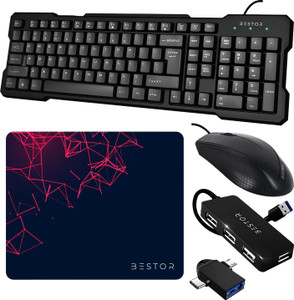 Bestor Set of 5 Combo,USB Wired Keyboard,Wire Mouse,Mouse Pad, Otg Adapter,4port HUB Combo Set (Black) - Image 1