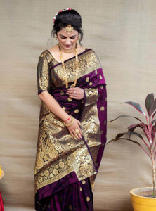 KanjiQueen Woven, Self Design Banarasi Silk Blend, Pure Silk Saree (Magenta, Brown) - Image 1