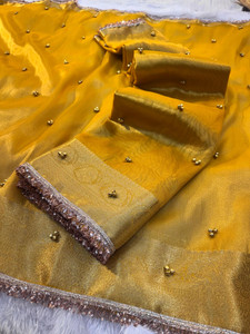 HouseofQueen Printed Pochampally Cotton Silk Saree (Yellow) - Image 1