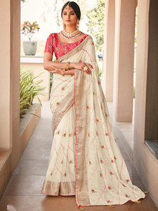 Sareemall Embellished Bollywood Cotton Blend Saree (Cream) - Image 1