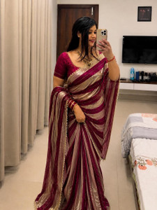 Jay Bajrang Fashion Color Block Bollywood Tissue Saree (Gold, Pink) - Image 1