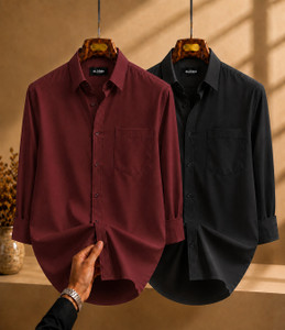 GLOREN Men Regular Fit Solid Spread Collar Casual Shirt (Pack of 2) - Image 1