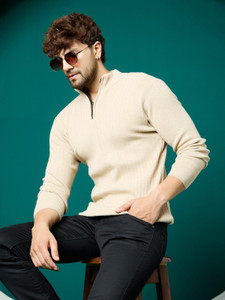 KVETOO Men Self Design High Neck Beige Sweater - Image 1