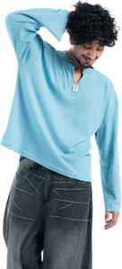 COITONIC Men Blue Mandarin Collar Cotton T-Shirt - Image 1