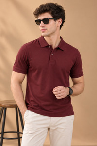 Roadster Men Solid Polo Neck Pure Cotton Maroon T-Shirt - Image 1