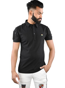 Riya Gold Men Solid Polo Neck Cotton Blend Black T-Shirt - Image 1
