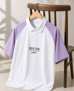PATOIS Men Colorblock Polo Neck Cotton Blend Purple T-Shirt - Image 1