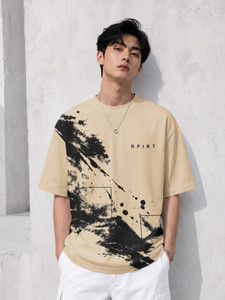 RPIRT Men Printed Round Neck Cotton Blend Beige T-Shirt - Image 1