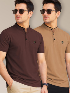 VeBNoR Pack of 2 Men Embroidered Mandarin Collar Brown T-Shirt - Image 1