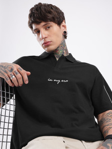 Glitchez Embroidered Men Polo Neck Black T-Shirt - Image 1