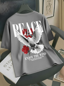 AUSK Women Printed Round Neck Cotton Blend Grey T-Shirt - Image 1