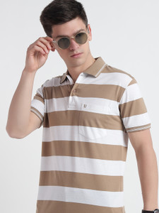 UNNIBERRY Men Striped Polo Neck Cotton Blend Beige T-Shirt - Image 1