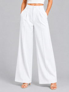 Trend Level Women Loose Fit White Cotton Blend Trousers - Image 1
