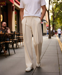 woomny Men Loose Fit Beige Lycra Blend Trousers - Image 1