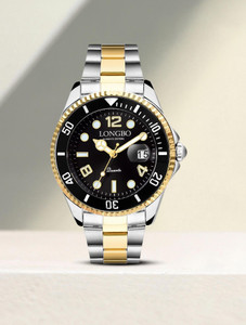 Longbo Men's Analog Watch - Silver Gold Stainless Steel Black Dial - Image 1