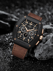 NAVIFORCE Dynamic view Black&Rosegold multifunctional dial with Brown genuine leather belt Analog Watch - For Men NF8053 Barrel's shaped case with hollowed dials - Image 1