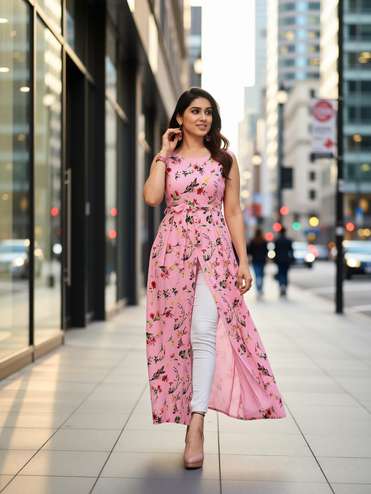 knee length dresses for ladies Kurta Long Women Kalidar Golden main image 0