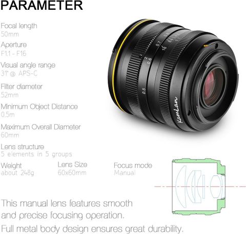 Kamlan 50 mm F1.1 APS-C Large Aperture Manual Focus , Standard