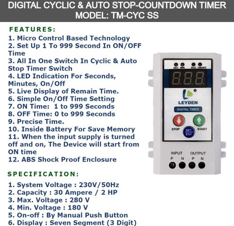 Leyden TM-CYC 230V, 30A Digital Cyclic & Auto Stop Up 1 To 999