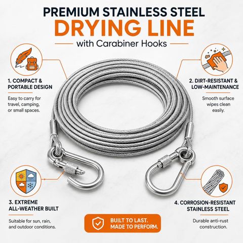 RJD1114 Clothes Drying Rope with Locking Hooks for Balcony & Travel â 5 m Steel Wire Steel Clothesline (5 m) - Image 7