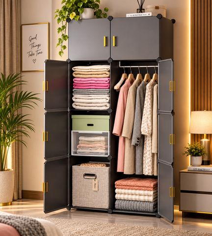 Sasimo 8-Door 8-Shelf Collapsible Wardrobe (Grey, DIY) - Image 8