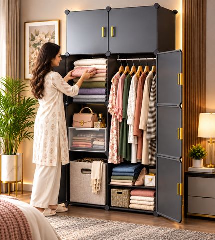 Sasimo 8-Door 8-Shelf Collapsible Wardrobe (Grey, DIY) - Image 7