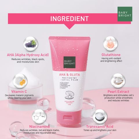 BABY BRIGHT AHA & Glutathione, Niacinamide, Vitamin C, Tranexamic Acid & Pearl Extract, Skin Whitening Facial Foam | Made In Thailand | Face Wash