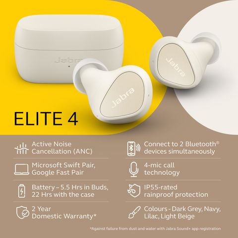 JABRA Jabra Elite 4 Bluetooth Headsets with ANC, Multipoint, 4-mic
