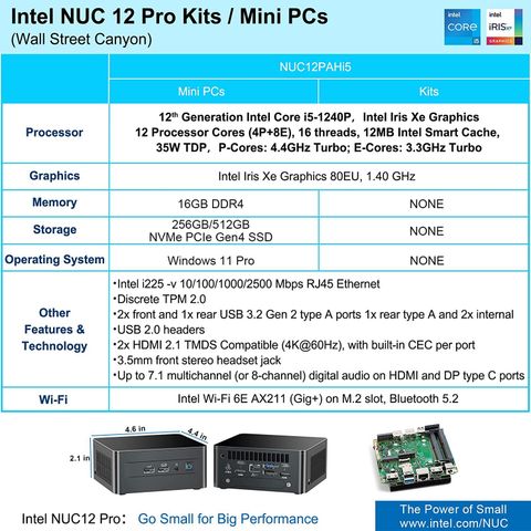 Intel NUC 12 Pro Kit NUC12WSHi50Z Mini PC with - Core i5-1240P