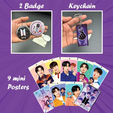 Laugham BTS Gift Combo 14 Items | Cup, Badges, Keychains & 300 GSM