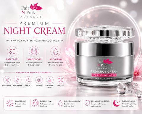 fair n pink glutathione skin whitening night cream Fair N Pink Advance Radiance with Glutathione, Niacinamide & Kojic Acid | Brightening & Dark Spot Reduction Cream | Anti-Aging Face Moisturizer for Women Benefits:Stress Relief