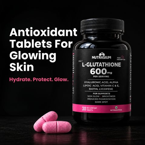 top 5 glutathione supplements for glowing skin NUTRASIUM L-Glutathione 600 mg with hyaluronic acid whitening and glow Price in India hair loss treatment