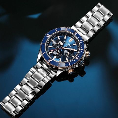 MEGIR Mens Chronograph Luxury Blue dial Chain Wrist Watch For Men