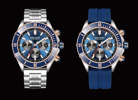 MEGIR Mens Chronograph Luxury Blue dial Chain Wrist Watch For Men