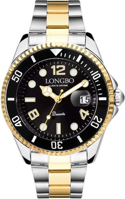 Longbo Men's Analog Watch - Silver Gold Stainless Steel Black Dial - Image 4