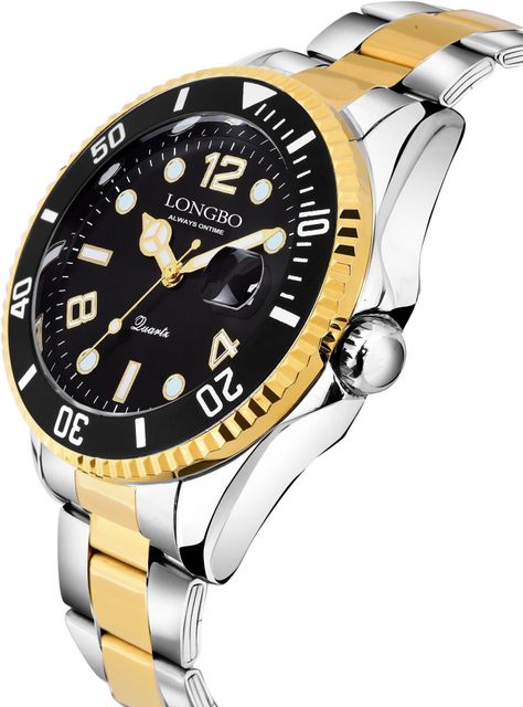 Longbo Men's Analog Watch - Silver Gold Stainless Steel Black Dial - Image 7