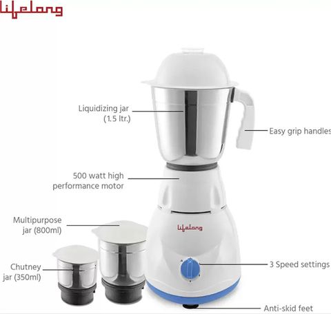 Lifelong Power Pro 500 W Mixer Grinder (Power Pro - LLMG20 | 3 Jars | Blue) - Image 7