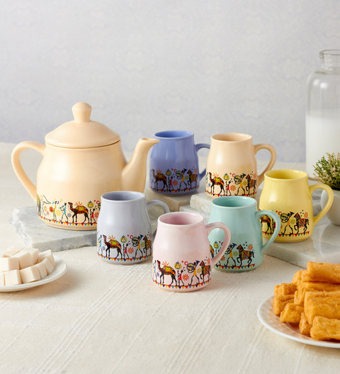 ROXX Pack of 7 Ceramic candy Morning Tea/Coffee 6 mug(180ml) & 1