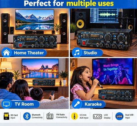 RUVOXTUNE DJ 5000W Stereo Amplifier with Bluetooth, USB, FM, Remote - Image 4