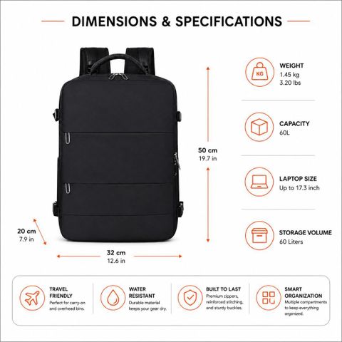 KARRIER Large 60L Vacuum Compression Laptop Backpack (Black) - Image 7