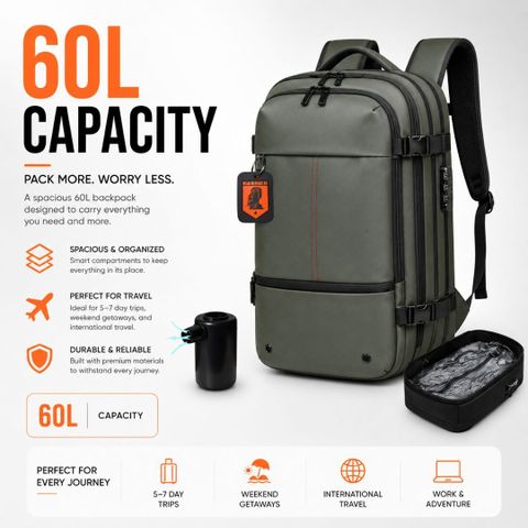 KARRIER Large 60 L Laptop Backpack Vacuum Compression Backpack with Built-in System for Clothes & Gear (Green) - Image 7