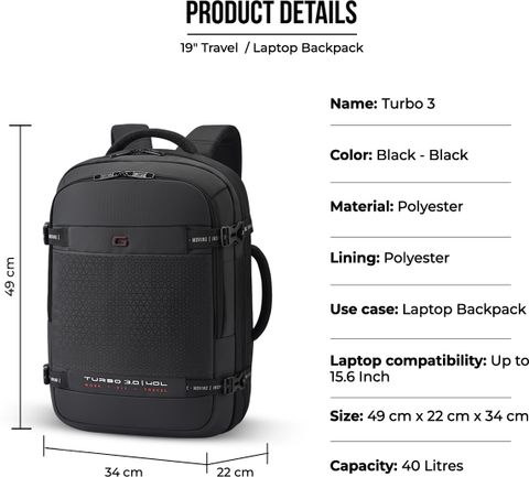 Gear Large 40 L Laptop Backpack TURBO 3 ANTI THEFT FAUX LEATHER WITH RAINCOVER (Black) - Image 7