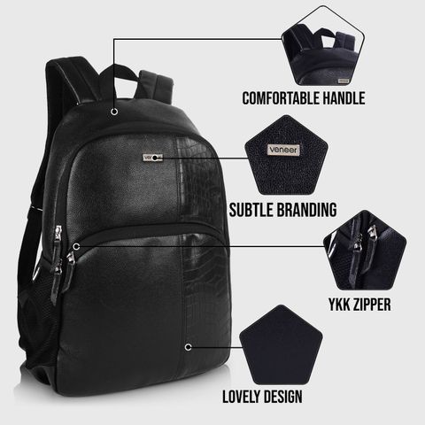 Veneer Medium 25 L Laptop Backpack Classy Vegan Leather Croco Fusion Business Office College Travel Unisex (Black) - Image 6